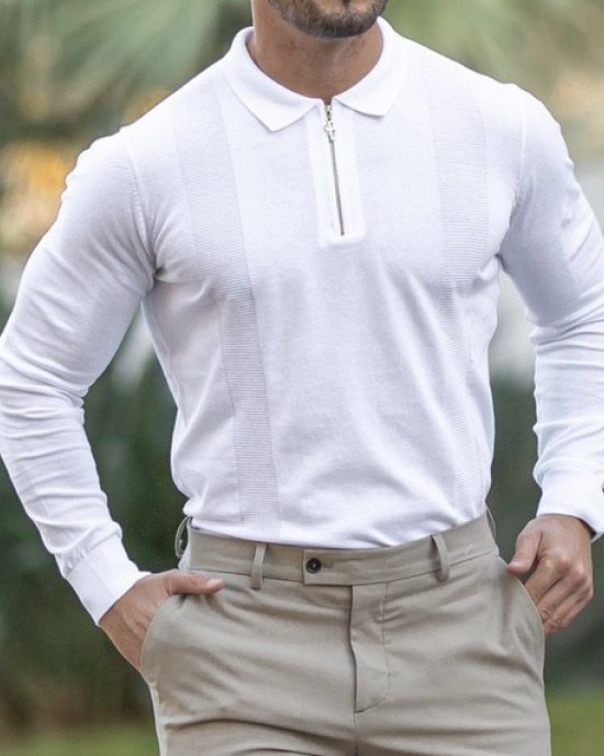 Classic White And Gold Zip Knit Long Sleeve Polo Shirt