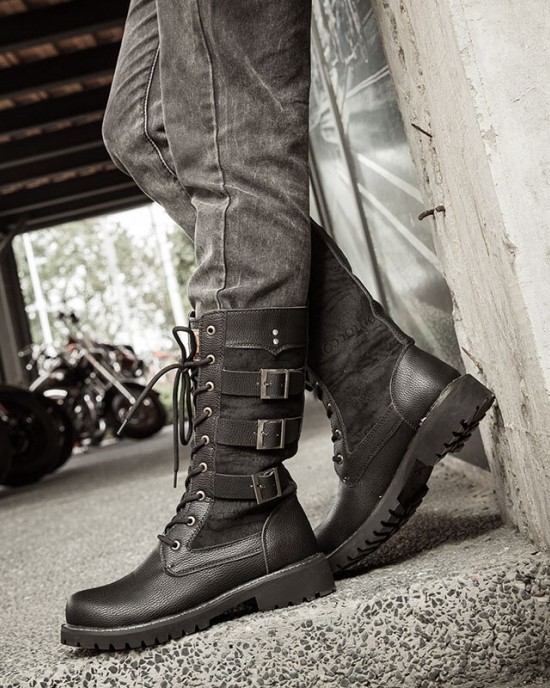 Men Classic Black Biker Boots Metal Buckle Motorcycle Boots